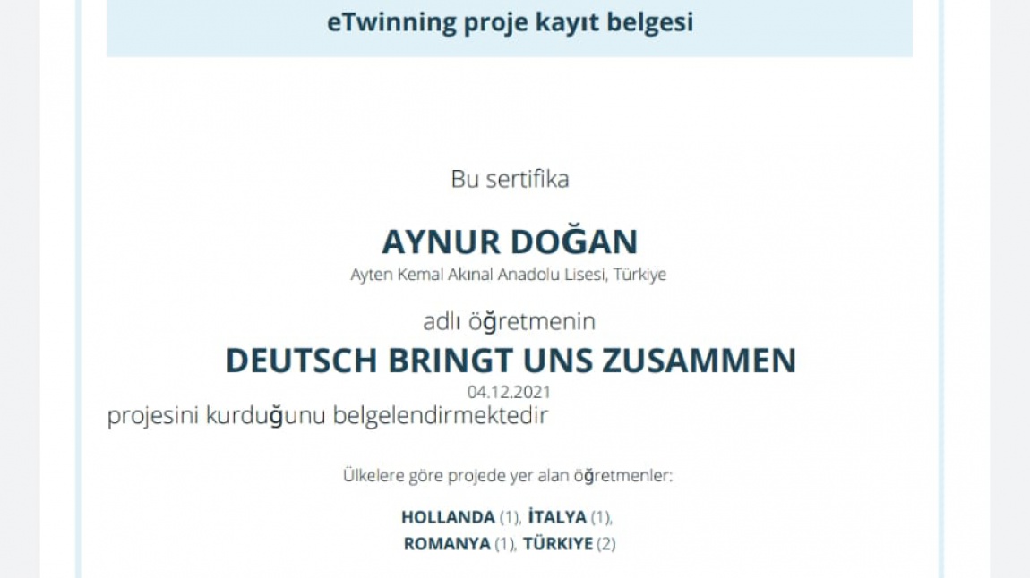 Almanca Öğretmenimiz Aynur DOĞAN'ın  3. eTwinning  projesi başlamıştır.